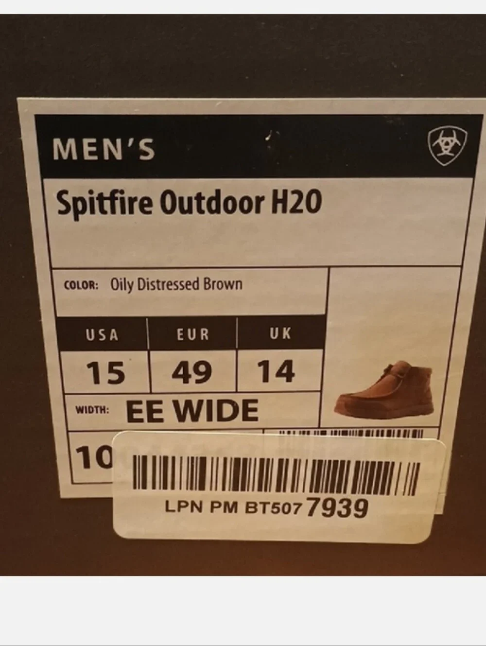 Ariat 15EE Wide Chukka Boots Spitfire Outdoor H20 Oily Distressed Brown